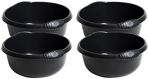 TENLITE Set of 4 - High Grade Round Washing up Bowl Small 28cm Kitchen Basin Sink Bowl - Midnight Black/Dark Grey