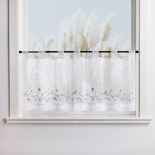 Yujiao Mao Scheibengardine, bestickt, kleine Gänseblümchen, halbtransparent, Fadenvorhang, Landhausstil, Küche, Esszimmer, kleine Fenster, weiß, HxB 60 x 120 cm