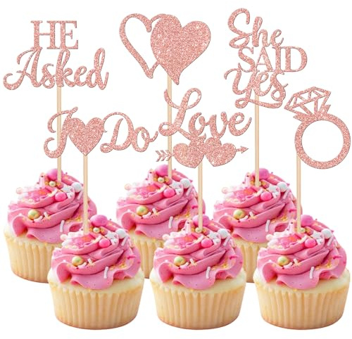 SYKYCTCY 36 Pack He Asked She Said Yes Cupcake Toppers Glitter Ring Love Heart I do Cupcake Food Picks for Wedding Engagement Bridal Shower Party Cake Decorations Supplies Rose Gold