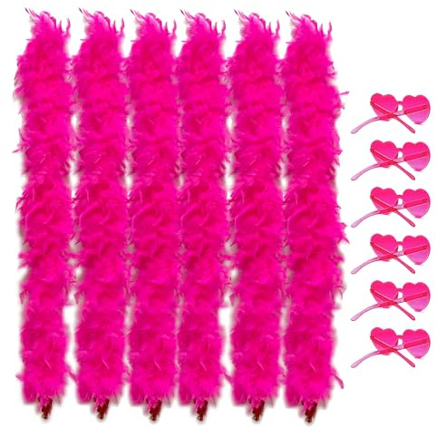 LIULIUBTY Colored Feathers Flapper Colorful Feather Boas for Party 6 Pcs 6.6ft, with Frameless Sunglasses Party Favor Carnival (6 Hot Pink)