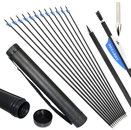 surwolf 32 Bågskytte kolpilar, ID 4,2 mm jaktpilar, träningspilar, 1000 Spine，för Archery Compound och Recurve båge 12&24 st (blue-arrows+quiver, 24)