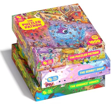 Magic Puzzles 3-Pack • Series Three • The Secret Soup, The Puzzled Patron, & The Gnomes' Homes • 1000 Piece Jigsaw Puzzles from The Magic Puzzle Company