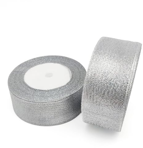 GAKA FAVOR Geschenkband Silber Glitzer 40mm x 22 Meters (2 Rollen), Schleifenband Bänder Organzaband breit, Stoffband für Hochzeit, Weihnachten und Geburtstag Geschenke