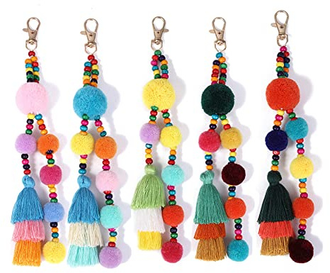 Taschenanhänger Bommel Bunt,Haarball Quaste Keychain Hängende Anhänger Flauschige Kunstpelz Ball Keyring -Tasche Accessoires Für Frauen Mädchen (5 Pcs Kombination)