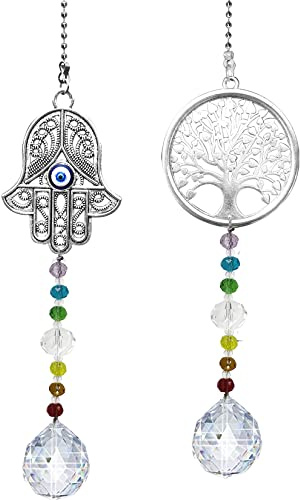 Sonnenfänger zum Aufhängen am Fenster mit Kristall, Palmenform, hängende Regenbogen-Maker-Ornament für Garten, Korridore und Heimdekoration (Palme + Lebensbaum)