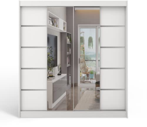 ML Furniture T5 Schiebetüren Kleiderschrank 180 x 215 x 58 cm mit Spiegel - Schlafzimmermöbel, Aufbewahrung - Mehrzweckschrank - Farbe: Weiß - 2 Schiebetüren