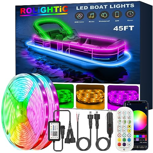 ROLiGHTiC 45FT LED Boat Lights, 12V APP RF Remote Control Pontoon Boat Lights, IP66 Waterproof RGB Marine Strip Lights, Boat Interior Light, Boat Deck Light for Bass Boat, Fishing Boat, Yacht