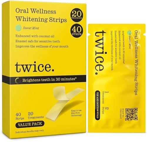 Twice Teeth Whitening Strips Kit – 30-Minute Quick & Gentle Teeth Whitening – 20-Day Treatment – No-Slip, Mess-Free, Gentle on Enamel – Sweet Mint Flavor – Vegan