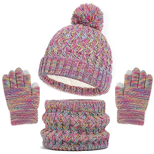 Baynetin Kinder Wintermütze Schal Handschuhe Set, 3 Stück Mädchen Warme Pompom Beanie Hut Touchscreen Handschuhe Runder Schal Set mit Fleece Gefüttert für Jungen Mädchen 2-8 Jahre