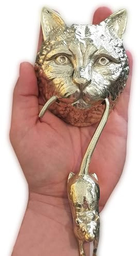 Anatolica Türklopfer Katze und Maus, massives Messing, 22,1 cm, Haustür-Ornament (poliertes Messing)