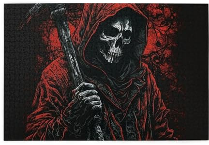 HERRECX 1000 Piece Jigsaw Puzzle Grim Reaper Skull Sickle Dark Gothic red Wood Puzzle for Adults Teens Family Game Educational Toys Gifts