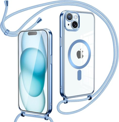 Oelrstfe Magnetische handyband mit Band für iPhone 15 Hülle - Necklace HandyHülle Transparente zum Umhängen mit justierbarer und Abnehmbarer Kette, Crossbody Magnet Clear Cover - Blau