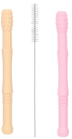 Nopperz Zahnungshilfe mit Beißring Beissröhrchen Baby Doppelpack - Linderung und Farbenfreude für glückliche Babys auf dem Weg zu den ersten Zahnen BPA-FREI aus Silikon Beige und Rosa Rosa und Grün