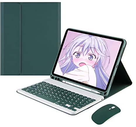 Étui Clavier avec Souris sans Fil pour iPad 10.2 9ème/8ème/7ème Génération 2021/2020/2019, Clavier Backlight QWERTY Bluetooth Amovible Coque avec Fente pour Stylo, Vert Foncé avec Rétroéclairé