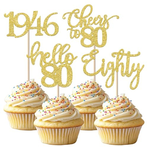 SYKYCTCY 24 Pack Happy 80th Birthday Cupcake Toppers Eighty Hello 80 Cupcake Picks Cheers to 80 Cake Decorations for 80th Birthday Party Anniversary Party Supplies Gold