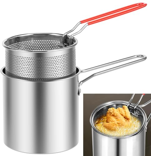 Friteuse avec panier en acier inoxydable 304 avec panier passoire 1200 ml Mini friteuse à huile profonde avec poignée multifonction Gadgets de cuisine Petite friteuse pour chips tempura poisson,