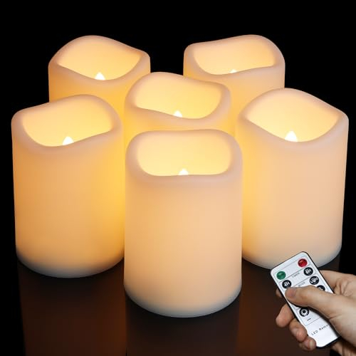 ZIYOUDOLI 6er Outdoor LED Kerzen mit Fernbedienung Timer Flackern Flammenlose Batteriebetrieben Warmweiß Elektrische Gefälschte Kunststoff Kerzen Warmweiß Patio Garten Home Party Deko (7.5 x 10cm)
