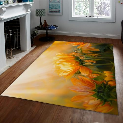 HOBBOY Bauernhaus Bereich Teppich Blumenteppich Gelb Sonnenblume Haustür Matte Inneneingang Kinderzimmer Teppich Kinder Schlafzimmer Teppich weicher Boden Teppich 140 x 180 cm