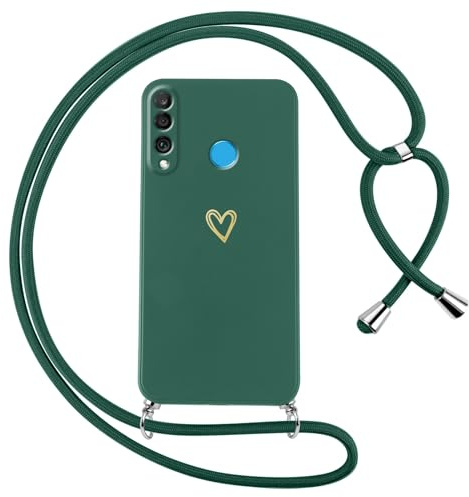 Oelrstfe Handyband für Huawei P30 Lite/Nova 4e Hülle mit Band Herz Motiv Handyhülle für zum Umhängen Silikon Stoßfest Ultra Dünn Weich Schutzhülle mit Kordel Necklace Kette Love Muster Case,Grün
