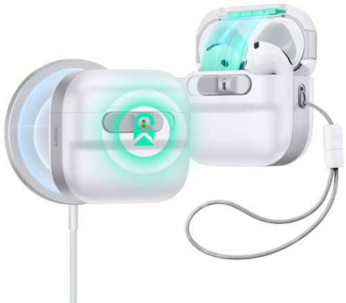 ESR für AirPods 4 Hülle, kompatibel mit AirPods 4 Gen (2024) (USB-C), MagSafe kompatibel, Magnet Deckelverschluss, sturzsichere Schutzhülle mit Handschlaufe, Pulse Serie, Weiß