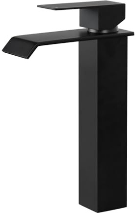 PHASAT Wasserfall Wasserhahn Bad Schwarz Matt, Wasserfall Waschtischarmatur Hoch mit Auslauf Höhe 205mm, Moderner Mischbatterie Waschbecken für Aufsatzwaschbecken, Edelstahl PTMP16B