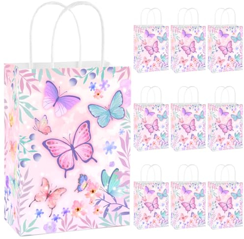 10 Stk Schmetterling Party Taschen, Geschenktüten, Papiertüten mit Henkel | Schmetterlinge Geschenktaschen, 21x15x8 cm, Bunt, zum Mädchen Geburtstag, Party, Giveaways, Kindergeburtstag, Geschenken