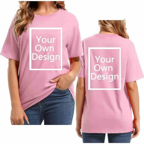 Pink Custom T Shirt Women Design Your Own T Shirt Plus Size Personalised Print Photos to Shirts Back and Front Customize Round Neck Tshirts Short Sleeve Tunic Tops S-5Xl
