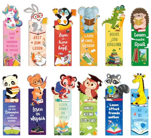 BETESSIN Lesezeichen aus Papier - 24 Stück Tiere mit Sprüchen über das Lesen - Mitgebsel Kindergeburtstag - Kleine Geschenke für Schüler und Buchliebhaber