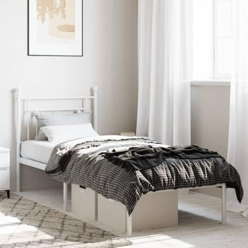 Iiaky Bettgestell mit Kopfteil Metallbett Bed Frame Bettgestell Bettrahmen Kopfteil Bett Tagesbett Metall Weiß 80x200 cm - 374379