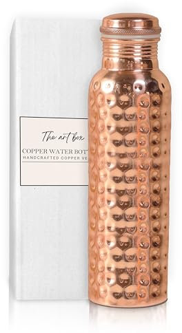THE ART BOX Bouteille d'eau en cuivre martelé de 950 ml – Grand design ayurvédique avec couvercle anti-fuite et fond antidérapant pour boire, voyage, sport, fitness et yoga