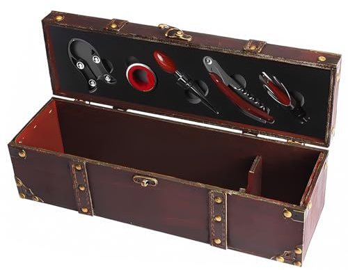 Weinzubehör-Geschenk-Set mit Vintage-Kasten, Antike Weinflaschenkiste mit Handgriff, 5-teiliges Wein-Zubehör-Set,Wein-Geschenksets für Männer und Frauen,Sommelier-Set (brown)