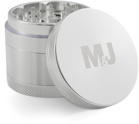Mari & Juan Macina Spezie Color Argento Ø4,8 cm x 3,7 cm I Tritatutto Alluminio 4 Pezzi I Macinino Erbe Aromatiche e Spezie Compatto con Filtro Polline e Spatolina Inclusa