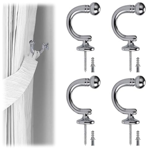 4 Pack Tieback Hooks U Shaped Metal for Fixed Curtain or Hanging Items | Curtain Tie Backs Hooks Ball End Curtain Tie Back Hooks Chrome for Bathroom Kitchen Garden Ceiling Hanging Curtain Holdbacks