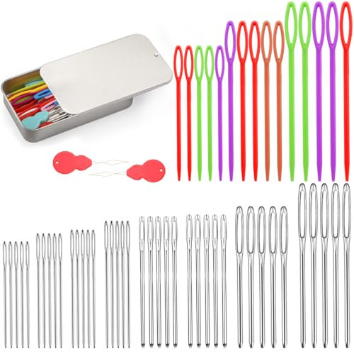 55 Stück Nähnadeln mit Großem öhr, 8 Größen Wollnadeln und 3 Größen Kunststoffnadeln zum Häkeln, Stopfen, Weben und Basteln mit Einfädlern