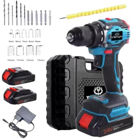 VIEMYLU 24V Trapano Avvitatore a Batteria, 28Nm, 1700rpm, Senza Fili, Accumulatore agli Ioni di Litio, Brushless, 2 Batterie, Valigetta Inclusa