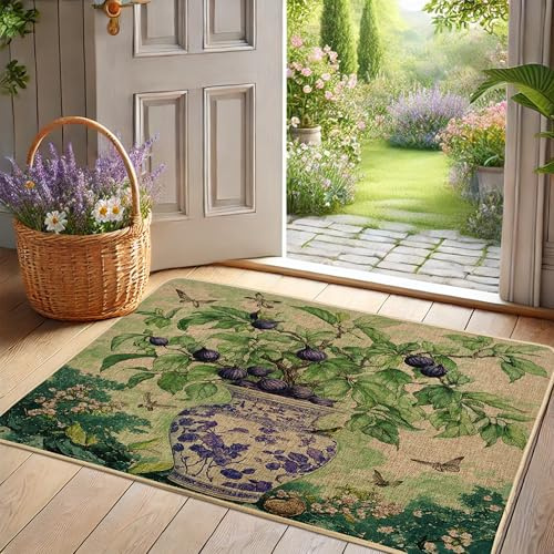 Spring Floral Door Mat, Violet Fig Design Indoor & Outdoor Entrance Decor, Rubber Waterproof Non-Slip Dust Absorbent Welcome Mat, Easy Clean 29x17 Inch