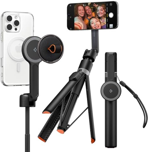 Spigen 66 MagSafe Auto-Opening Selfie Stick Tripod Dual Magnetic Mount, Bluetooth Remote, Extendable & Foldable Included Metal Ring & Wrist Strap Compatible With iPhone, Galaxy, Pixel etc - Black