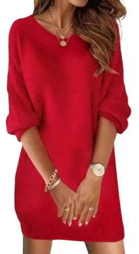 Minetom Femme Col V Robe Pull Ample Long Pullover Tricot Manche Longue Dress Soirée A1 Rouge L