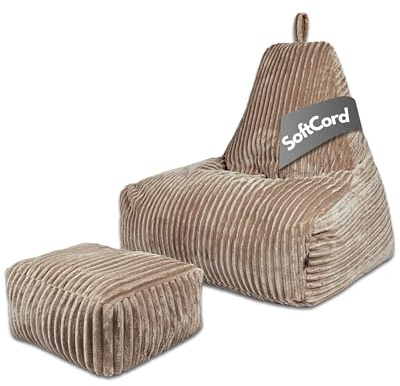 PatchHome Deluxe Cord sittsäck lounge fåtölj – gaming saccosäck set med fotpall – bekväm manchesterfåtölj med fyllning – vardagsrum och sovrumsmöbler (latta macchiato, XXL – sittsäck pallset)