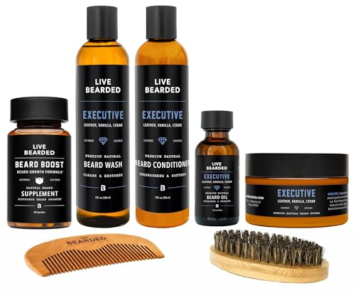 Live Bearded Total Beardsman Kit - Complete Beard Growth Kit for Men - Beard Oil, Butter, Wash, Conditioner, Vitamins, Comb, Brush | Executive - Leather, Vanilla, Cedar