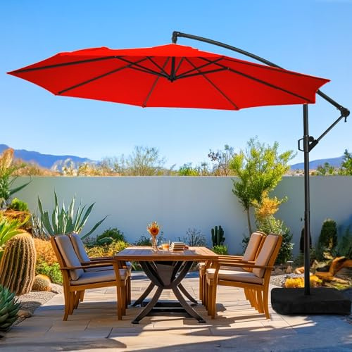 wikiwiki 10ft Patio Umbrella with Base Included, Outdoor Offset Cantilever Umbrella, Infinite Tilt, Crank and Cross Base, Light Red