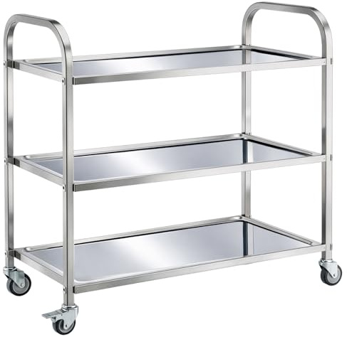 3 Tier Stainless Steel Kitchen Utility Cart 62.5cm x 31.5cm x 80cm,Large Rolling Catering Storage Cart Trolley Storage Cart with Wheels for Home Kitchen or Dining Room