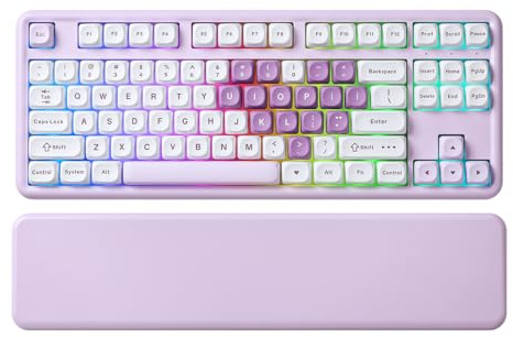 YUNZII B87 Trådlös Mekanisk Tangentbord, QMK/VIA Programmerbar, TKL 87 Tangenter, BT/2.4G/USB-C, Hot Swap Gasket Mount RGB Belysning Gaming med Handvila för Win/Mac (Purple Heart, Milk V2)