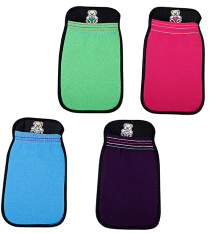 Anneome 4pcs Double-layer Bath Scrubber Mitts Exfoliating Shower Mitts for Body Skin Cleaning Gentle Massage Comfortable for Legs Arms Chest in Purple Green Blue and Rose Red