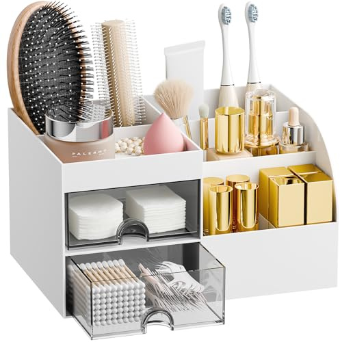 Makeup Organizer with 2 Drawers, Makeup Organizers Countertop for Vanity and Bathroom, Make up organization and Skincare Storage with Brush Holder, for Dresser, Desktop, Cosmetic Display Case (White)