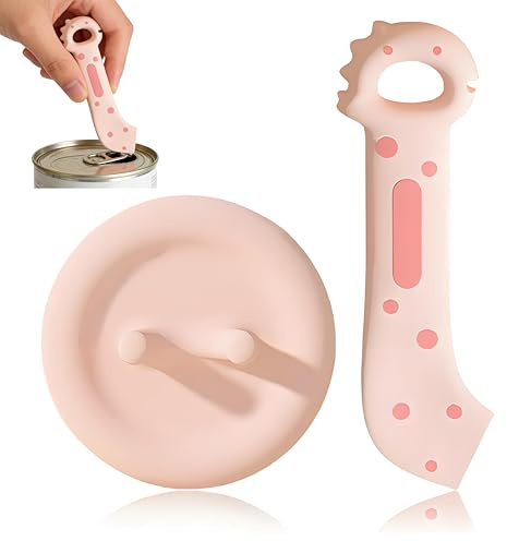totnwrooye Cat Food Spoon and Can Tin Lid Set, Reusable Cat Paw Pet Foods Can Opener for Wet or Dry Food, Cute Silicone Spatula and Cover for Cats, Dogs, Pink
