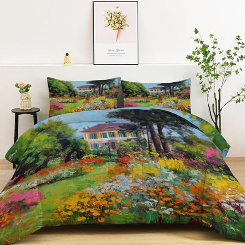 Ölgemälde Bedruckte Bettdecken Garten Haus Blumen Steppdecke Ohne Bezug 200 x 200 cm Kühlende Schlafdecke, Grün Warm Weiche Waschbar Steppdecke Ganzjahresdecke mit 2 Kissenbezug 80x80 cm