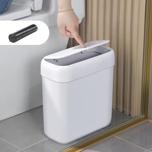 IMHO Mülleimer Bad mit Deckel, 11.4L Schmaler Badmülleimer Weiß, Kleiner Mülleimer mit Druckknopf-Deckel, Abfalleimer Badezimmer für WC, Küche, Schlafzimmer, Büro