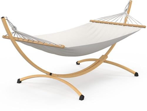IDMarket - Hamaca XL con soporte de metal efecto madera y tela cruda