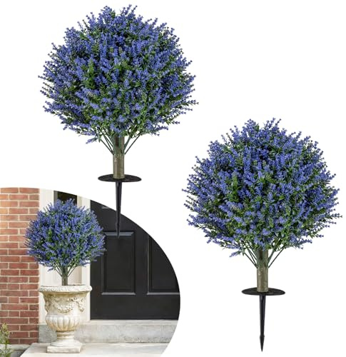 COSTWAY Juego de 2 Árboles Topiarios Artificiales, Plantas de Lavanda Realistas con Estacas de Tierra, Flores y Hojas, 60 cm Arbustos Artificiales Perennes para Interior Exterior Porche Jardín Patio
